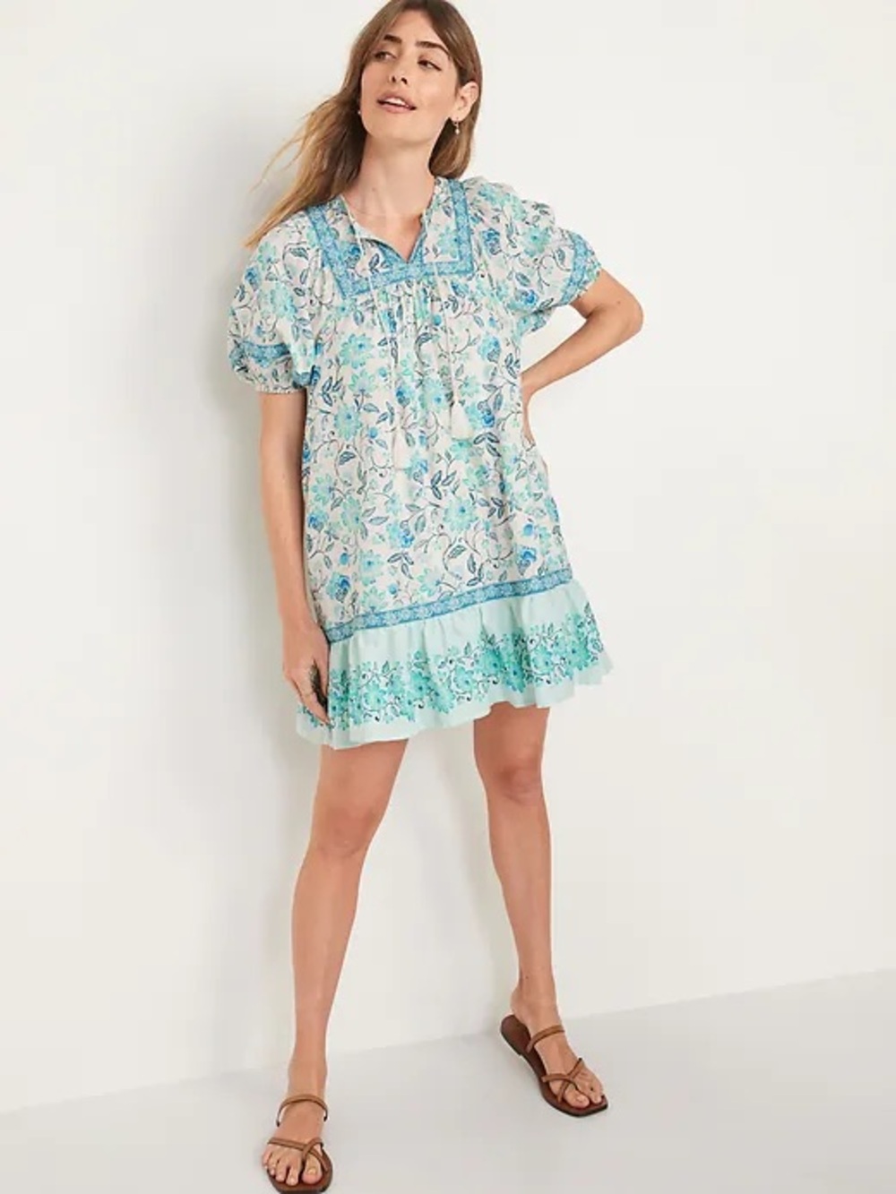 Old Navy Puff-Sleeve Printed Mini Swing Dress Prairie Peasant Boho